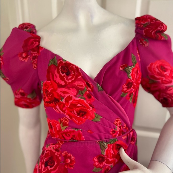 LPA Araceli Floral Puff Sleeve Wrap Mini Dress In Pink Size SMALL. B40 - Picture 4 of 14